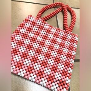Lulu NYC Beaded Gingham Coral Handbag cute girly pink